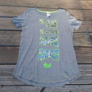 Victorias Secret PINK Heather Gray Sequin Logo Womens Tee M Cotton Blend *READ*